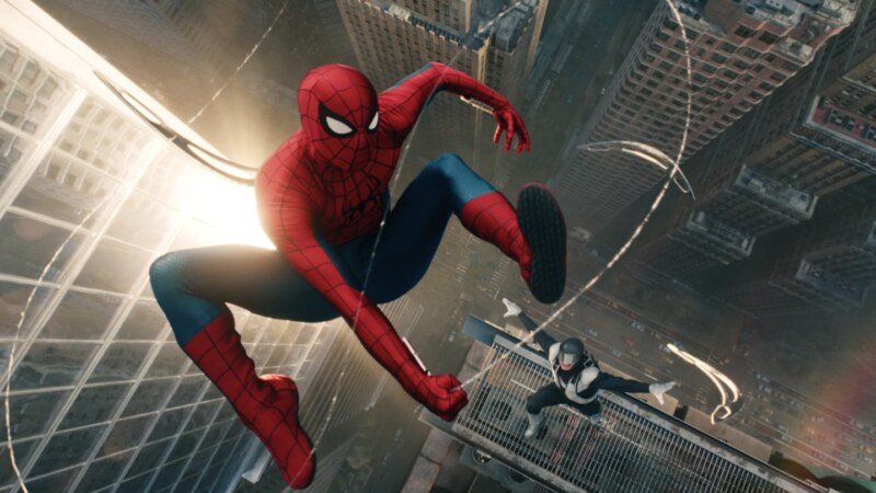 Spider-Man looking over the New York City skyline as his suit displays battle damage in Spider-Man: Brand New Day (2026).
