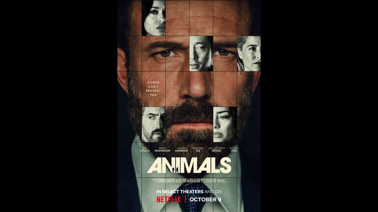 A large face and smaller cast portraits are arranged in a grid on the official Animals poster.