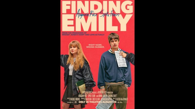 Two people stand against a red background on the official Finding Emily poster.