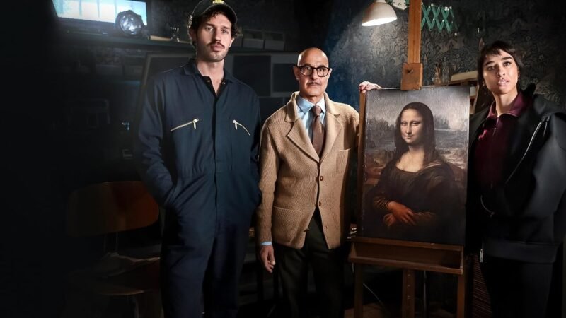 Four people stand beside a Mona Lisa reproduction in official Masterplan key art.